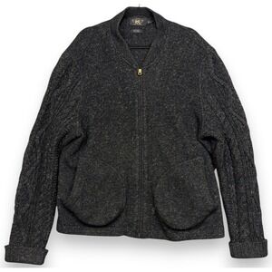 RRL Ralph Lauren Cardigan Mens 2XL Gray Wool Linen Full Zip Up Cable Knit Cinch